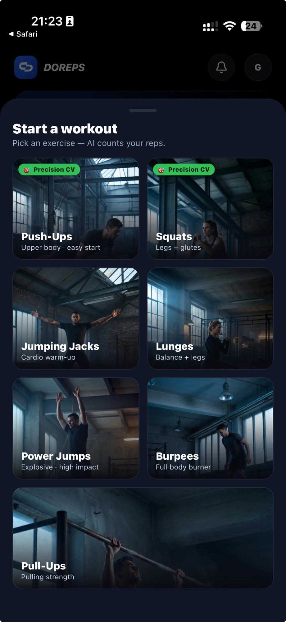 doReps — выбор упражнения, AI считает повторения